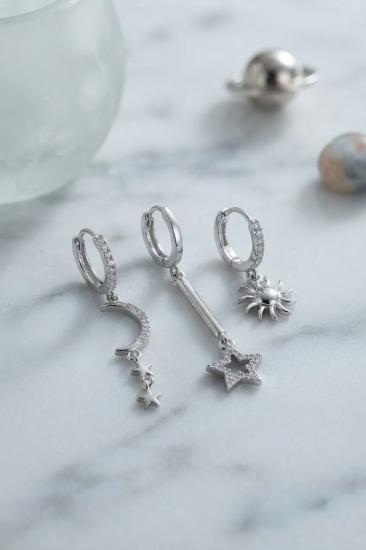 3 lü Set Ay Yıldız ve Güneş Model Gümüş Renk Kadın Küpe
