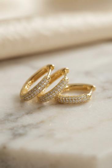 3 lü Set Gold Renk Zirkon Taşlı Kare Halka Küpe