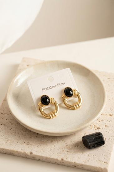 316L Çelik Gold Renk Vintage Siyah Taşlı Küpe