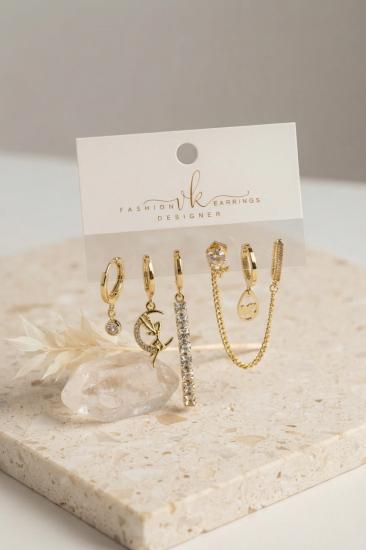 Gold Renk Pirinç Zirkon Taşlı 6’lı Küpe Set Kombini