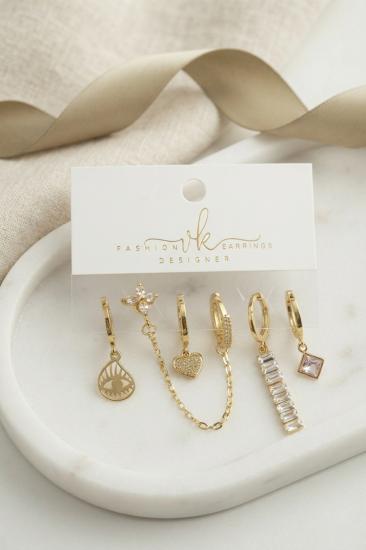 Gold Renk Pirinç Baget Zirkon Taş Detaylı 6’lı Küpe Kombin Seti