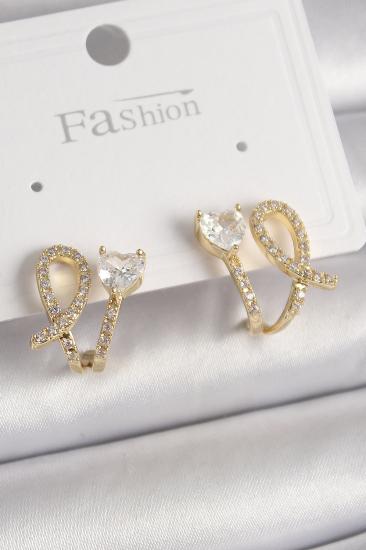 Pirinç Gold Renk Düğüm Model Zirkon Taşlı Kalp Detay Kadın Küpe