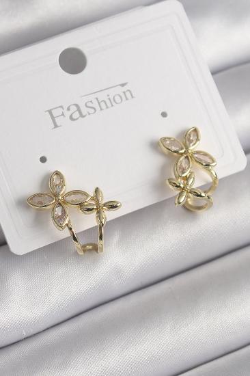 Pirinç Gold Renk Zirkon Taşlı 2’Li Çiçek Model Kadın Küpe