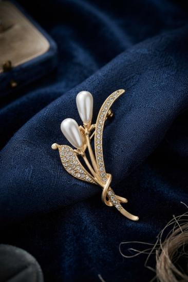 Gold Renk İncili Model Zirkon Taşlı Broş