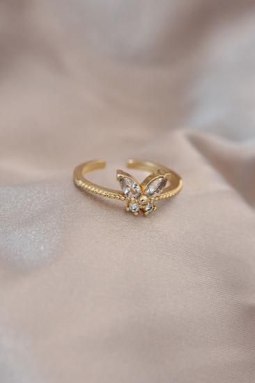 Ayarlamalı Gold Renk Metal Zirkon Taş ve Kristal Taşlı Kelebek Model Yüzük