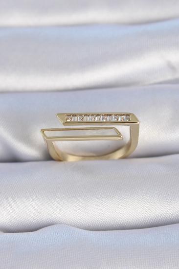 Pirinç Gold Renk Zirkon Taşlı Beyaz Sedef Detay Kadın Yüzük