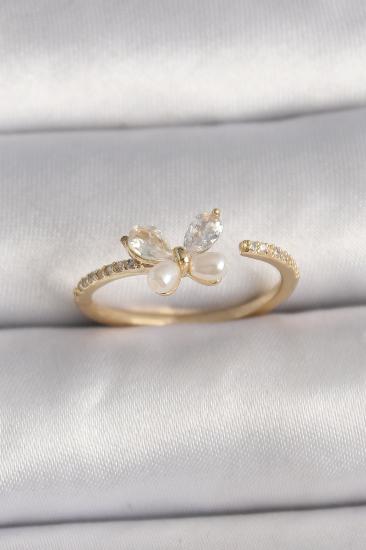 Pirinç Gold Renk Zirkon Taşlı Kelebek Mode İnci Detay Ayarlanabilir Yüzük