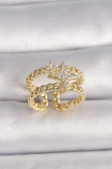 Pirinç Gold Renk 2’Li Zincir Zirkon Taşlı Yıldız Figür Kadın Yüzük