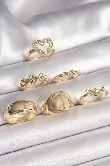 Pirinç Gold Renk Zirkon Taşlı Kalp Figür Kuş Detay 6’Lı Kadın Yüzük Seti