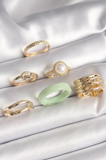 Pirinç Gold Renk Düğüm Model İncili İşlemeli Plaka Model 6’Lı Kadın Yüzük Seti