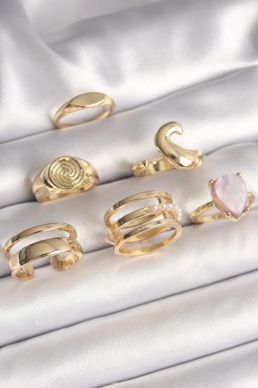 Pirinç Gold Renk Pembe Damla Mineli Sarmal İşleme Detaylı 6’Lı Kadın Yüzük Seti