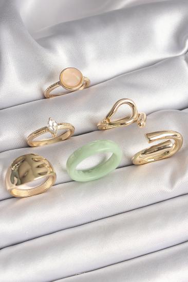 Pirinç Gold Renk Zirkon Taşlı Daire Pembe Mineli Detay 6’Lı Kadın Yüzük Seti