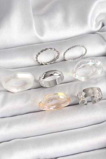 Pirinç Gümüş Renk Beyaz Akrilik Plastik Model Kutup Yıldız İşleme Detaylı Kadın Yüzük Kombini