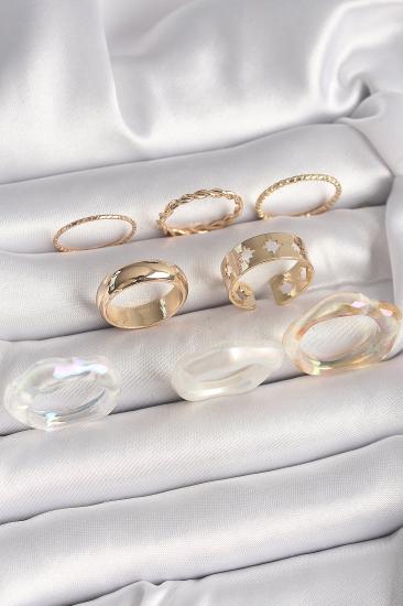 Pirinç Gold Renk Beyaz Akrilik Plastik Modek Kutup Yıldız İşleme Detay Kadın Yüzük Kombini