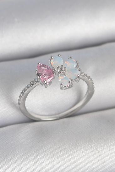 Pirinç Gümüş Renk Beyaz Mineli Pembe Zirkon Taşlı Çiçek Model Kadın Yüzük