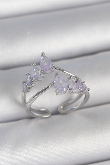 Pirinç Gümüş Renk Mor Damla Zirkon Taşlı Taç Model Kadın Yüzük
