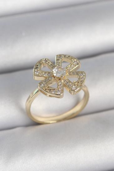 Pirinç Gold Renk Zirkon Taşlı Yonca Model Ayarlanabilir Kadın Yüzük