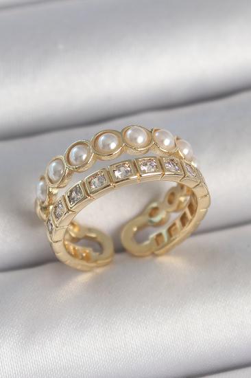 Pirinç Gold Renk 2’Li Zirkon Taşlı Ve İncili Ayarlanabilir Kadın Yüzük