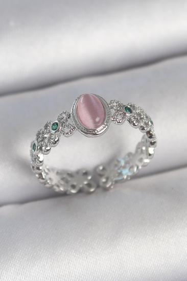 Pirinç Gümüş Renk Zirkon Taş Detaylı Pembe Mineli Damla Model Ayarlanabilir Kadın Yüzük