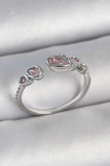 Pirinç Gümüş Renk Pembe Damla Zirkon Taşlı Ayarlanabilir Model Kadın Yüzük