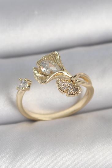 Pirinç Gold Renk Zirkon Taşlı Deniz Kabuğu Model Ayarlanabilir Kadın Yüzük