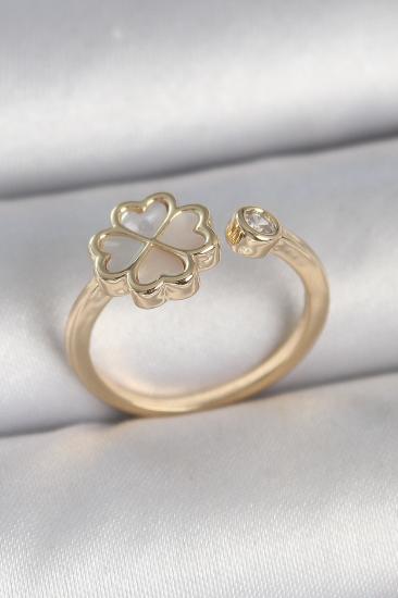 Pirinç Gold Renk Beyaz Mineli Yonca Model Zirkon Taş Detay Ayarlanabilir Kadın Yüzük