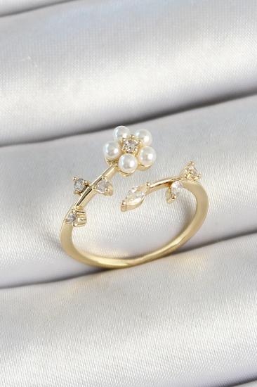 Pirinç İnci Detaylı Papatya Figürlü Zirkon Taşlı Gold Renk Ayarlanabilir Kadın Yüzük