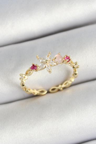 Pirinç Papatya Figürlü Zirkon Taşlı Gold Renk Ayarlanabilir Kadın Yüzük