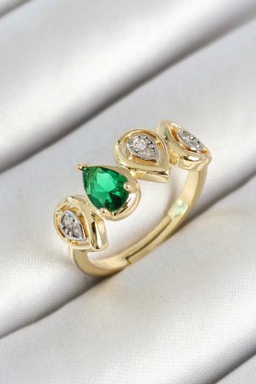 Pirinç Sıralı Damla Figürlü Zirkon Taşlı Gold Renk Ayarlanabilir Kadın Yüzük