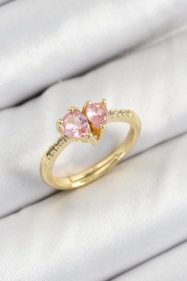 Pirinç Zirkon Taşlı Pembe Kalp Model Gold Renk Kadın Yüzük