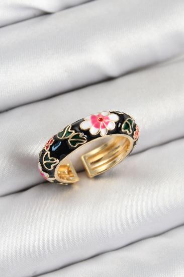 Pirinç Siyah Mineli Çiçek Motifli Gold Renk Ayarlanabilir Kadın Yüzük