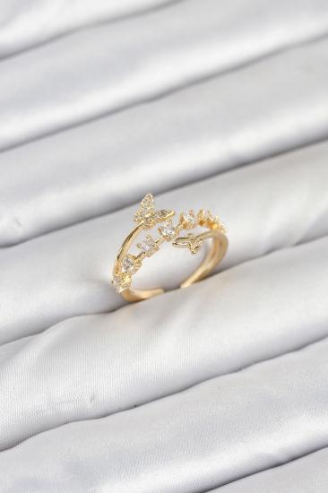 Pirinç Gold Renk Zirkon Taşlı Kelebek Model Kadın Yüzük
