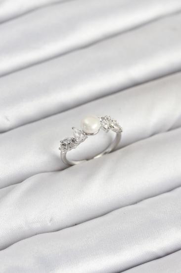 Pirinç Gümüş Renk Zirkon Taşlı İncili Model Kadın Yüzük