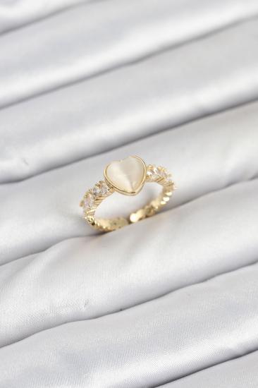 Pirinç Gold Renk Zirkon Taşlı Kalpli Kadın Yüzük