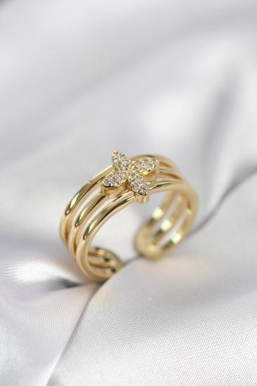 Gold Renk Zirkon Taşlı Yonca Model Kadın Yüzük