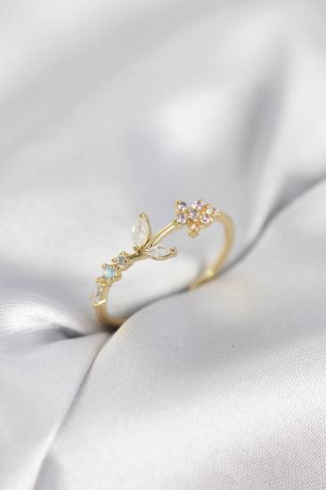 Çiçek Model Zirkon Taşlı Gold Renk Kadın Yüzük