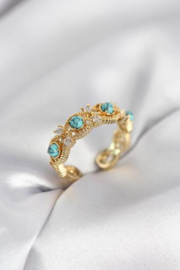 Mavi Taşlı Gold Renk Vintage Kadın Yüzük