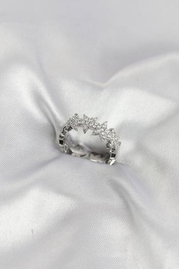 Gümüş Renk Pirinç Sıralı Yıldız Model Zirkon Taşlı Kadın Yüzük