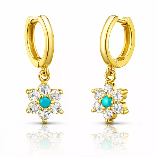 Gümüş Mavi Taşlı Gold Çiçek Kadın Küpe