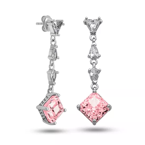Gümüş Ice Cut Pembe Zirkon Taşlı Işıltılı Kadın Küpe