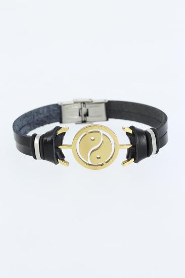 Gold Renk Yin Yang Figürlü Metal Aksesuarlı Siyah Renk Deri Erkek Bileklik