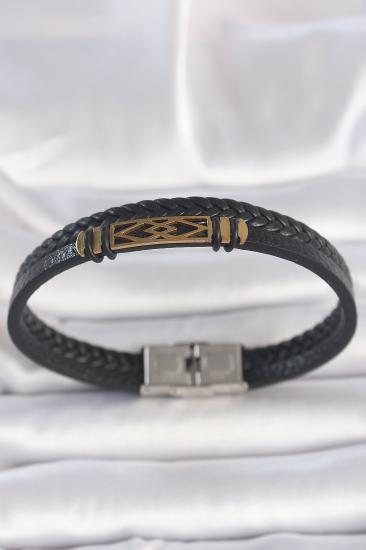 316L Çelik Gold Renk Aksesuarlı Çift Sıra Siyah Burgu Desenli Deri Kordon Erkek Bileklik