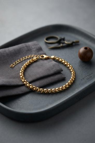 316L Çelik Gold Renk Box Zincir Model Erkek Bileklik