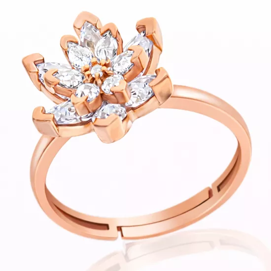 Gümüş Rose Beyaz Taşlı Lotus Çiçeği Kadın Yüzük