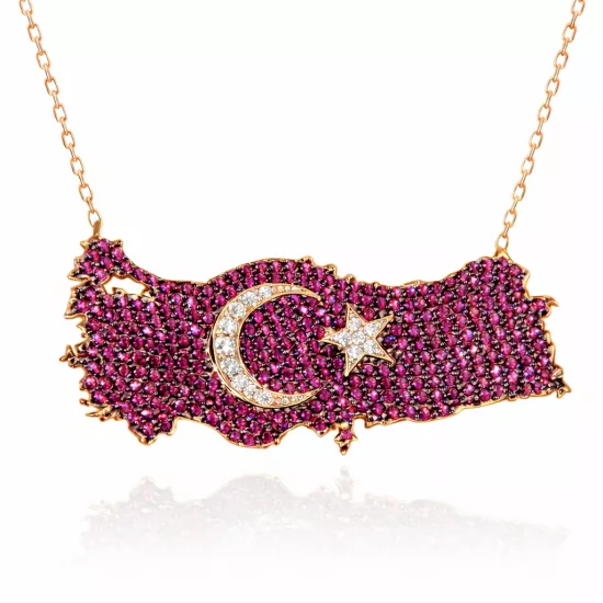 Gümüş Rose Ay Yıldız Türkiye Haritası Kadın Kolye