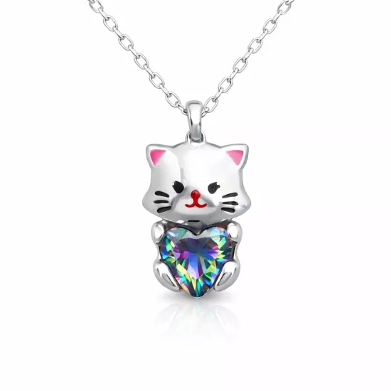 Gümüş Mistik Topaz Taşlı Sevimli Kedi Kolye