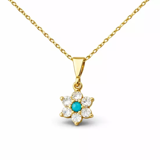 Gümüş Mavi Taşlı Gold Çiçek Kadın Kolye