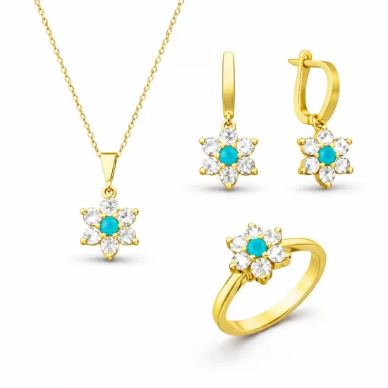 Gümüş Mavi Taşlı Gold Çiçek Kadın Set